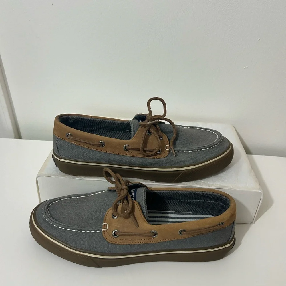 SPERRY TOPSIDER BOAT SHOES MENS SIZE 9 M BROWN LEATHER & GRAY CANVAS 2 EYELET
